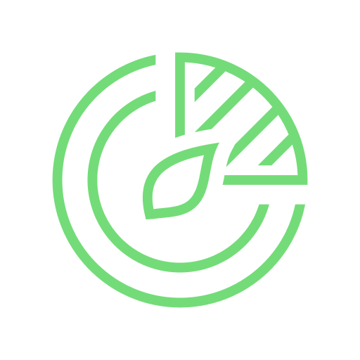 Logotipo verde de una rodaja de cítrico estilizada sobre fondo negro