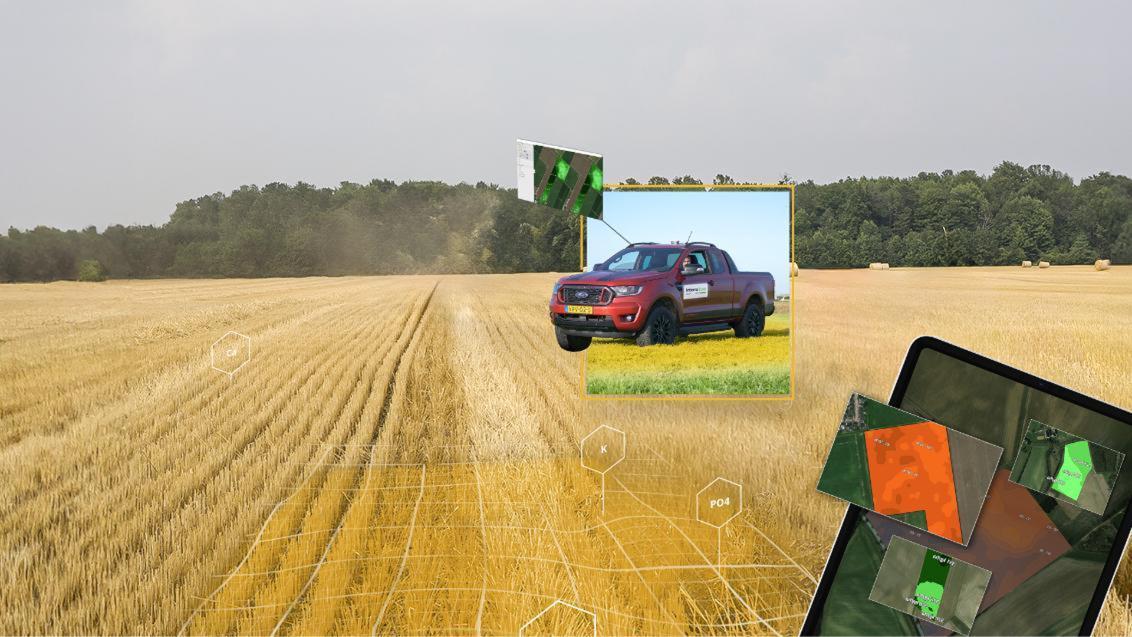 Agricultural field mapping visualization with Ford Ranger truck and data overlay showing crop zones and monitoring patterns.  