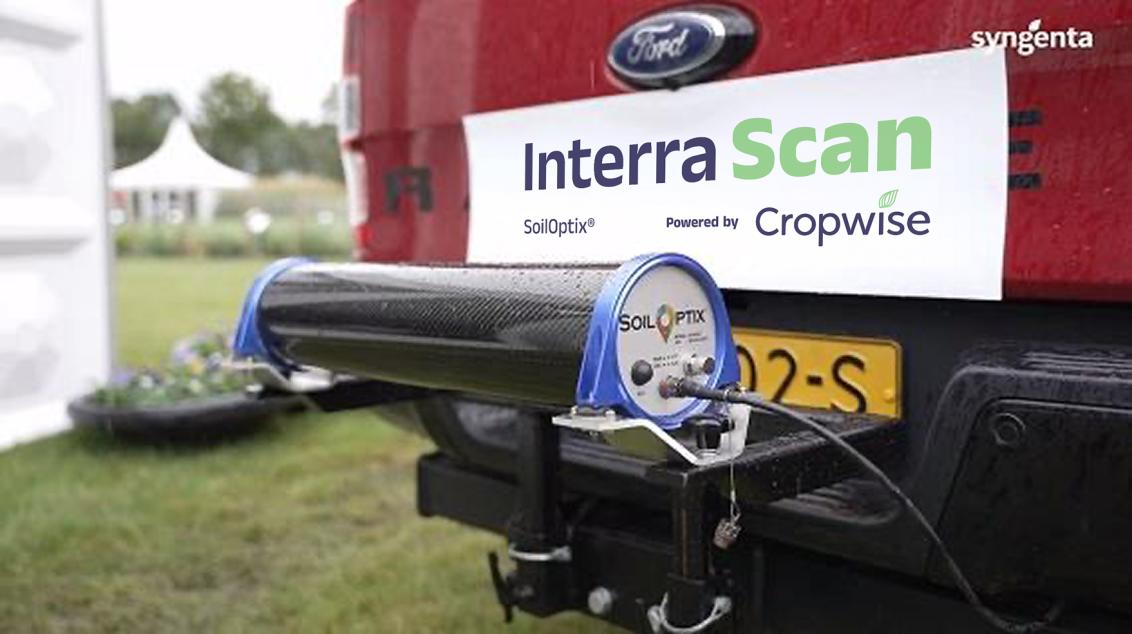 InterraSCAN soil scanning equipment mounted on a Ford vehicle, featuring SoilOptix and Cropwise technology logos