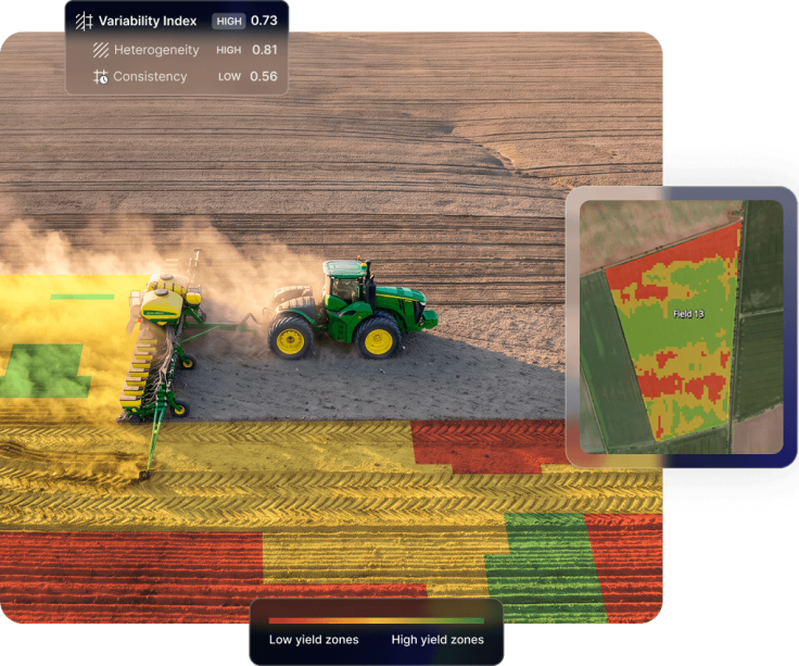 Kombájn arat a búzamezőn, mellette zöld traktor; színes terméshozam-térkép grafika.