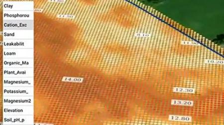 Mappa di analisi del suolo che mostra diverse proprietà del terreno. La legenda sulla destra elenca vari parametri come argilla (Clay), sabbia (Sand), sostanza organica, pH e nutrienti come magnesio e potassio. I colori graduati rappresentano le diverse concentrazioni o livelli di questi elementi nel campo.