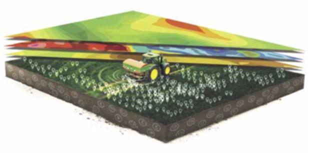 L'illustrazione mostra tre strati sovrapposti dell'agricoltura di precisione: mappe satellitari colorate in alto, un trattore con punti di campionamento al centro, e il profilo del suolo in basso. Rappresenta l'integrazione dei dati per ottimizzare le decisioni agronomiche.