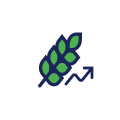 Blue and green leaf with upward arrow, growth icon graphic