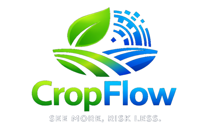 Logo CropFlow so zelenými listami a modrými vlnami na priehľadnom pozadí