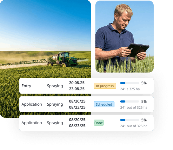 A man holding table in the field next to the sprayer machine and several screenshots with spraying records
