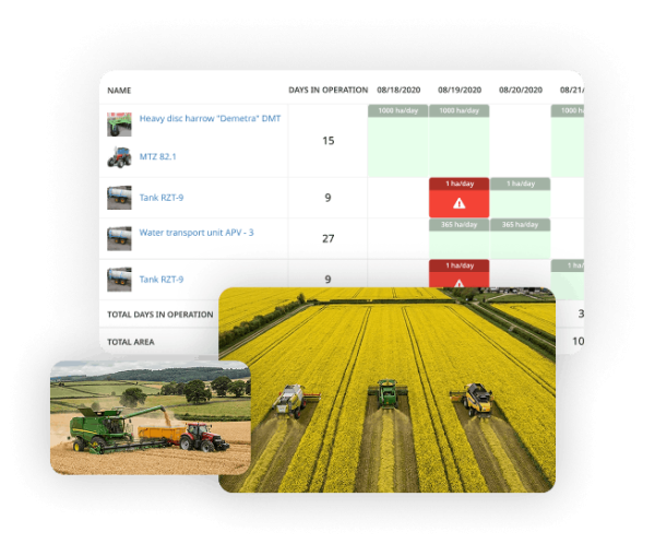 Photos of machinery equipment in the field and a screenshot in the background