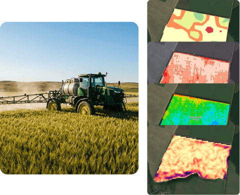 Sprayer machine in the field next to four VRA maps