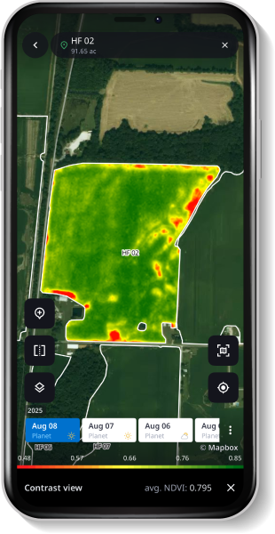 Phone screen showing a map with a green-to-red heatmap over a field boundary