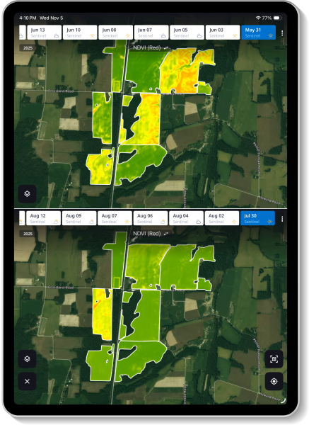 Satellite map with yellow-green overlays in two panels, showing land parcels and roads