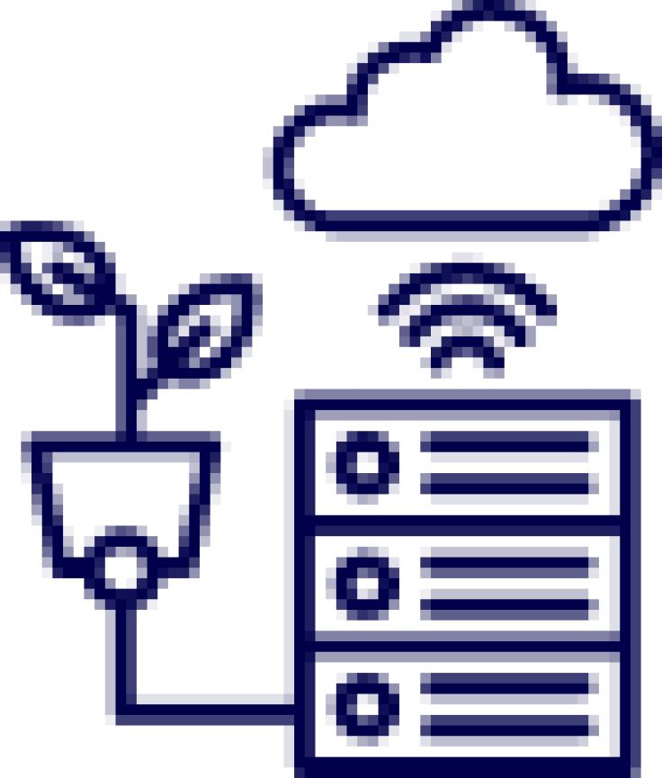Blue line icon of a cloud above a checklist with a small user silhouette