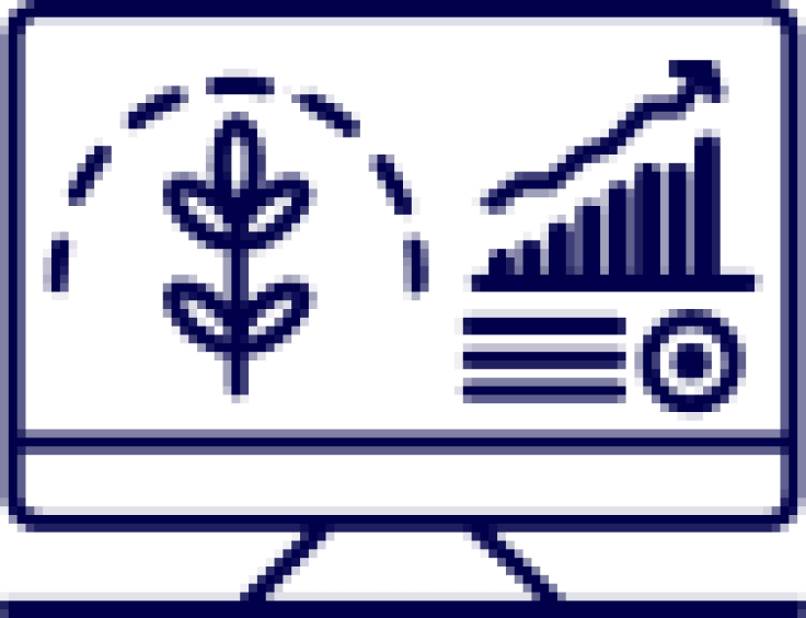 Blue line icon of a computer monitor showing a leaf and a user profile